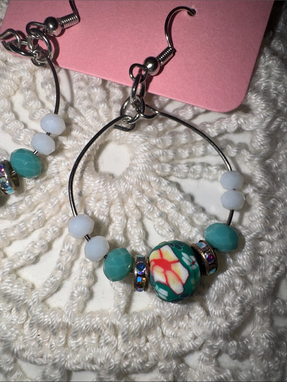 Handcrafted Teal Floral Hoop Earrings NWOT - Picture 3 of 3